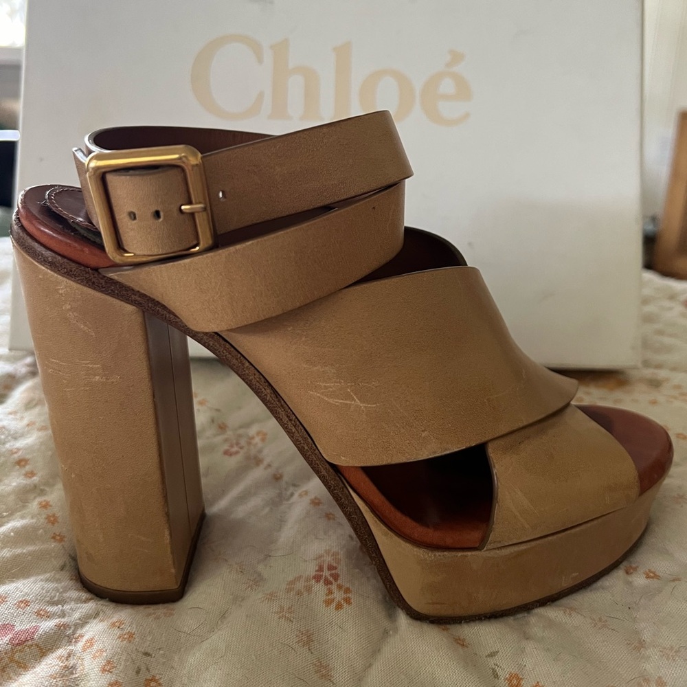 Chloe Strappy Leather Platform Sandals - Tan Size 38.5 - Picture 10 of 15